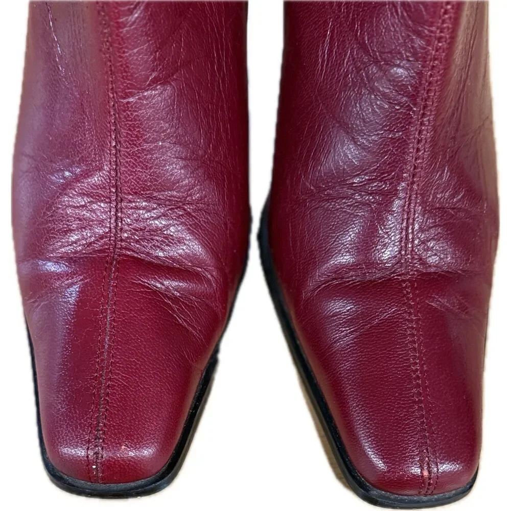Minozzi Burgundy Leather Ankle Boots with Block Heel | EU 38 | US 7.5-8